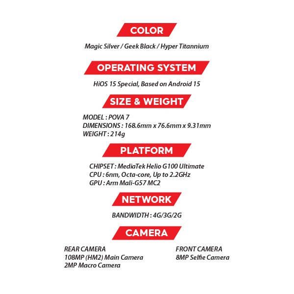 (New) Tecno Pova 7 16GB+256GB Black / Silver / Titanium Smartphone (Unlocked) 6 OZ TECNO Pova 7 S1