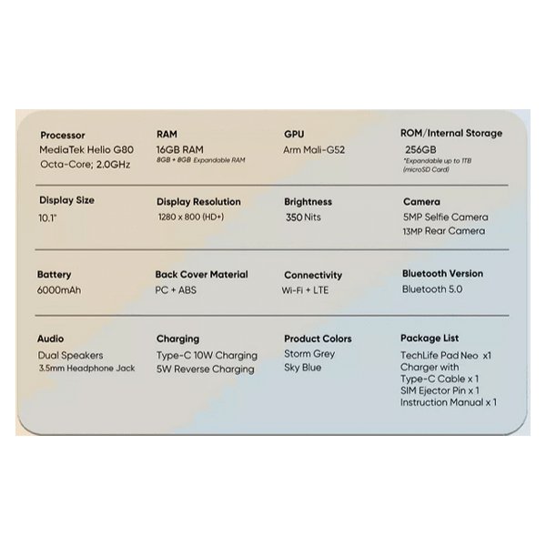 (New) Realme Techlife Pad Neo 8GB+256GB Blue / Grey Tablet (LTE) 13 REALME Techlife Pad Neo 14